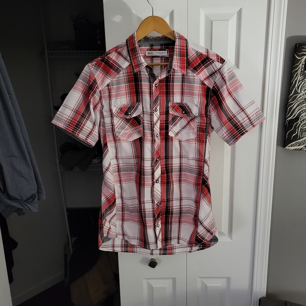 BKE, Large, Short sleeve, Plaid, Metal snap button down